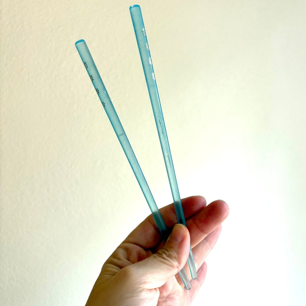 Vintage Blue Frosted Acrylic Hair Sticks Pair Silver Floral Translucent Y2K 90s